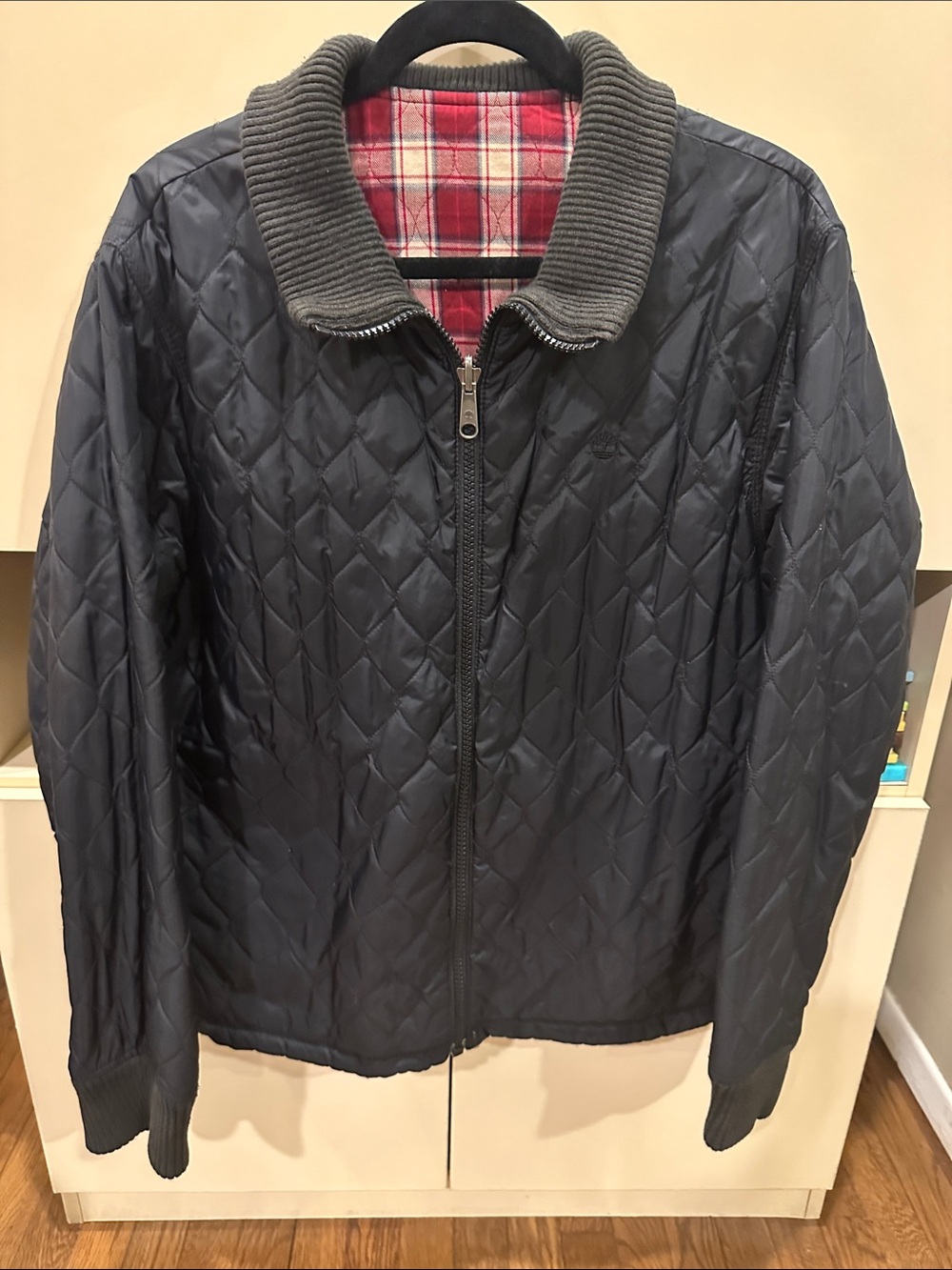 Timberland Navy Quilted Jacket with Red Plaid Lining